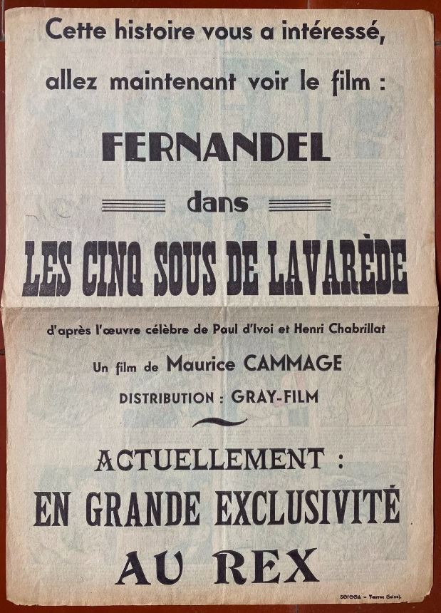 ドキュメントポスター LES CINQ SOUS DE LAVAREDE モーリス・カマージュ・フェルナンデル 1939