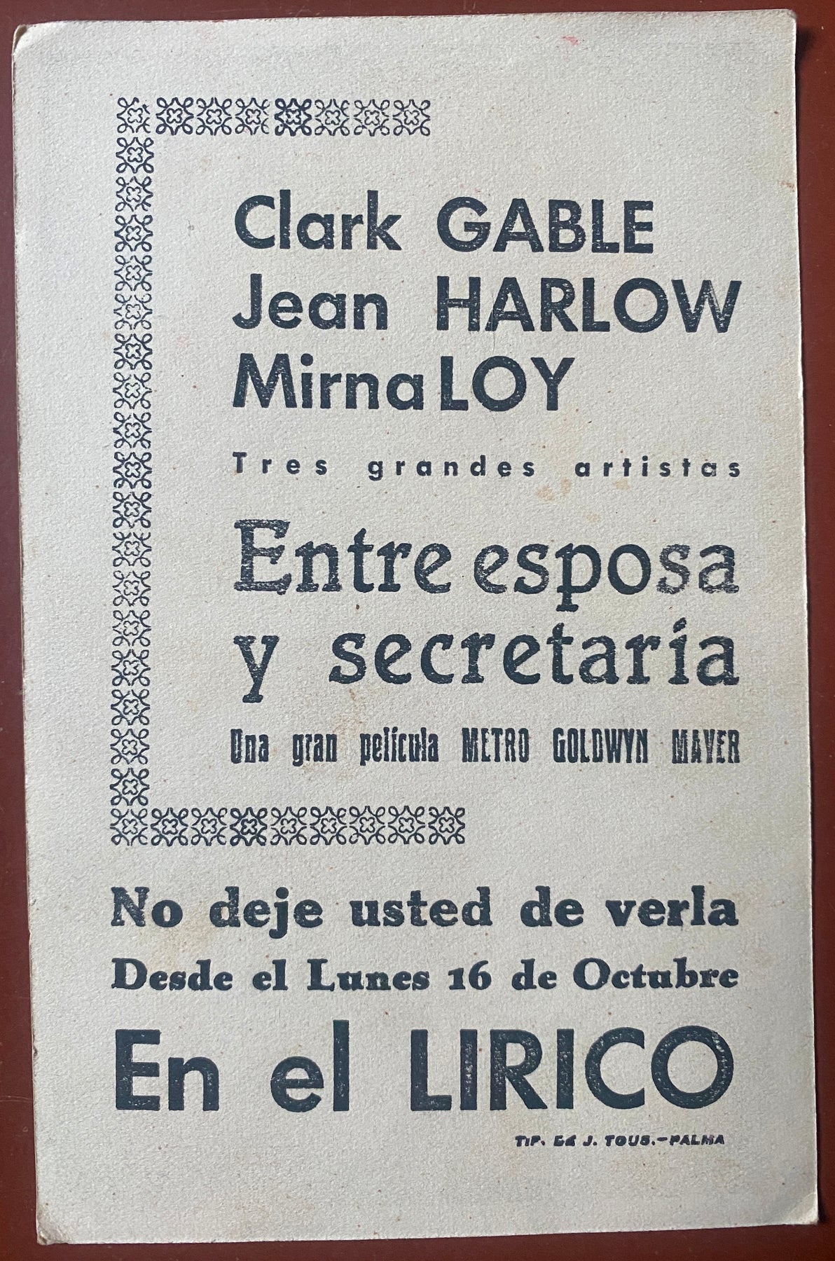 Programme Espagnol SA FEMME ET SA SECRETAIRE Wife vs. Secretary CLARK GABLE 1936