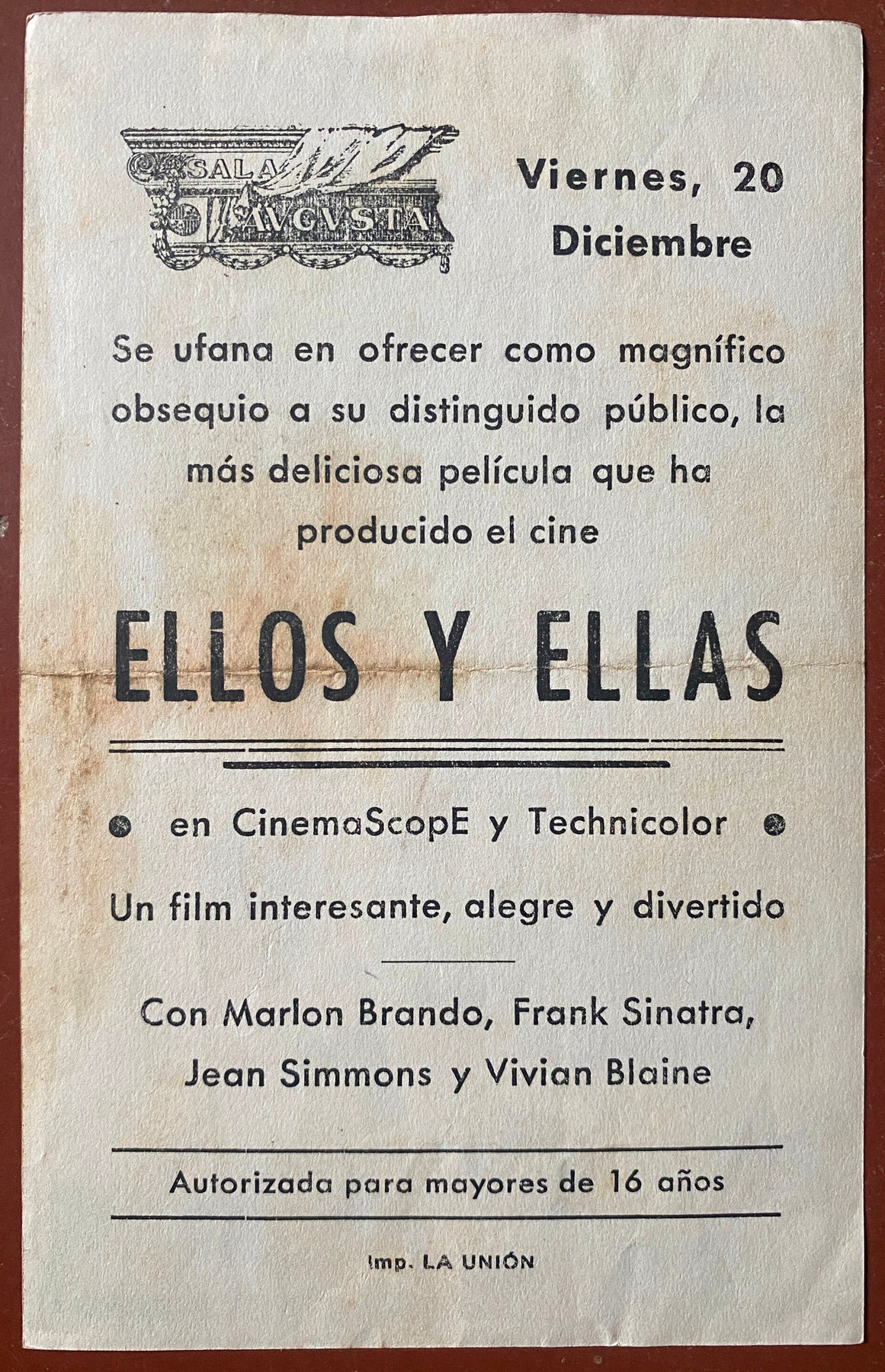 Programme Espagnol BLANCHES COLOMBES ET VILAINS MESSIEURS Frank Sinatra Marlon BRANDO 1955
