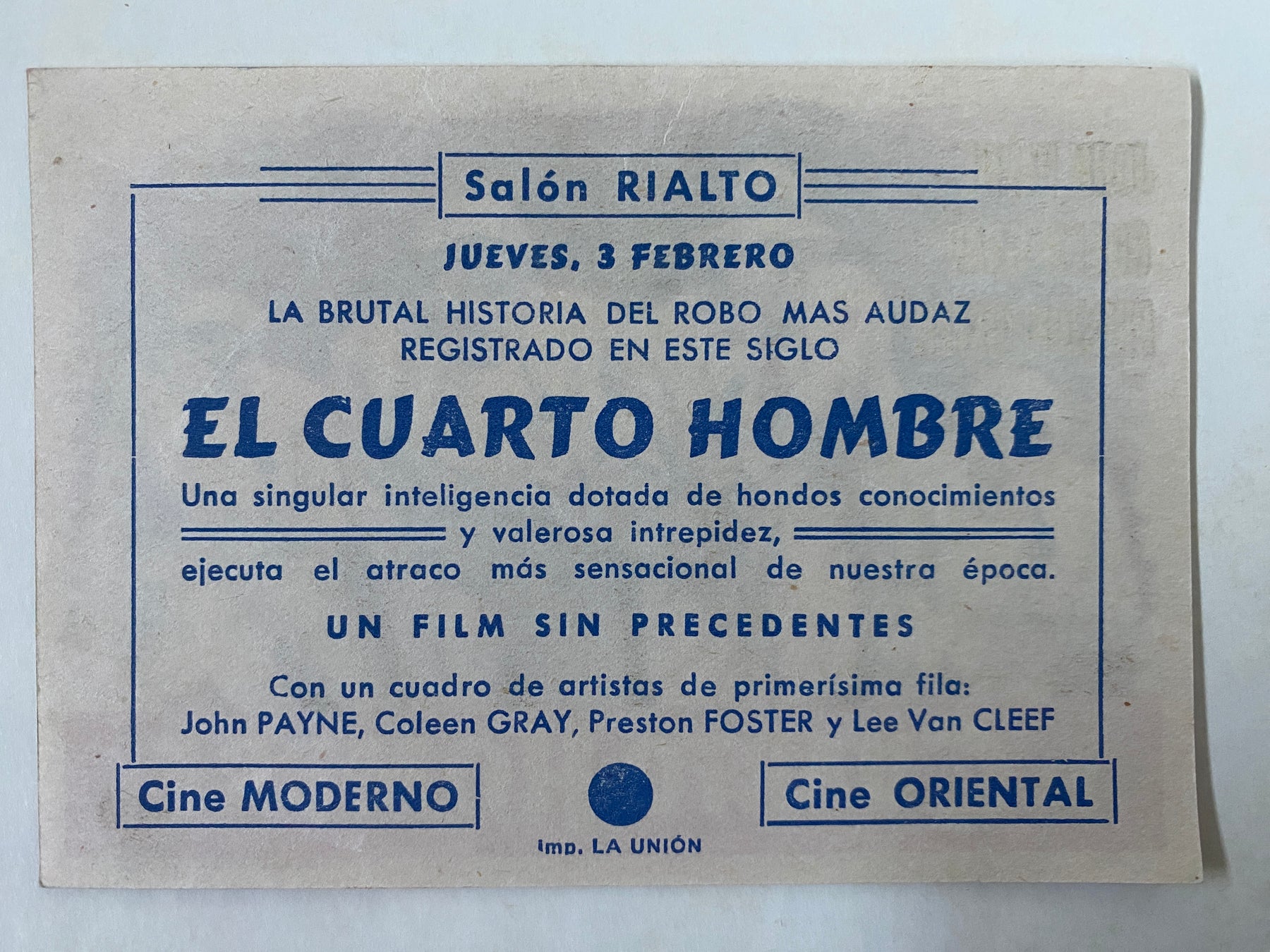 Programme Espagnol LE QUATRIEME HOMME Coleen Gray JOHN PAYNE Preston Foster