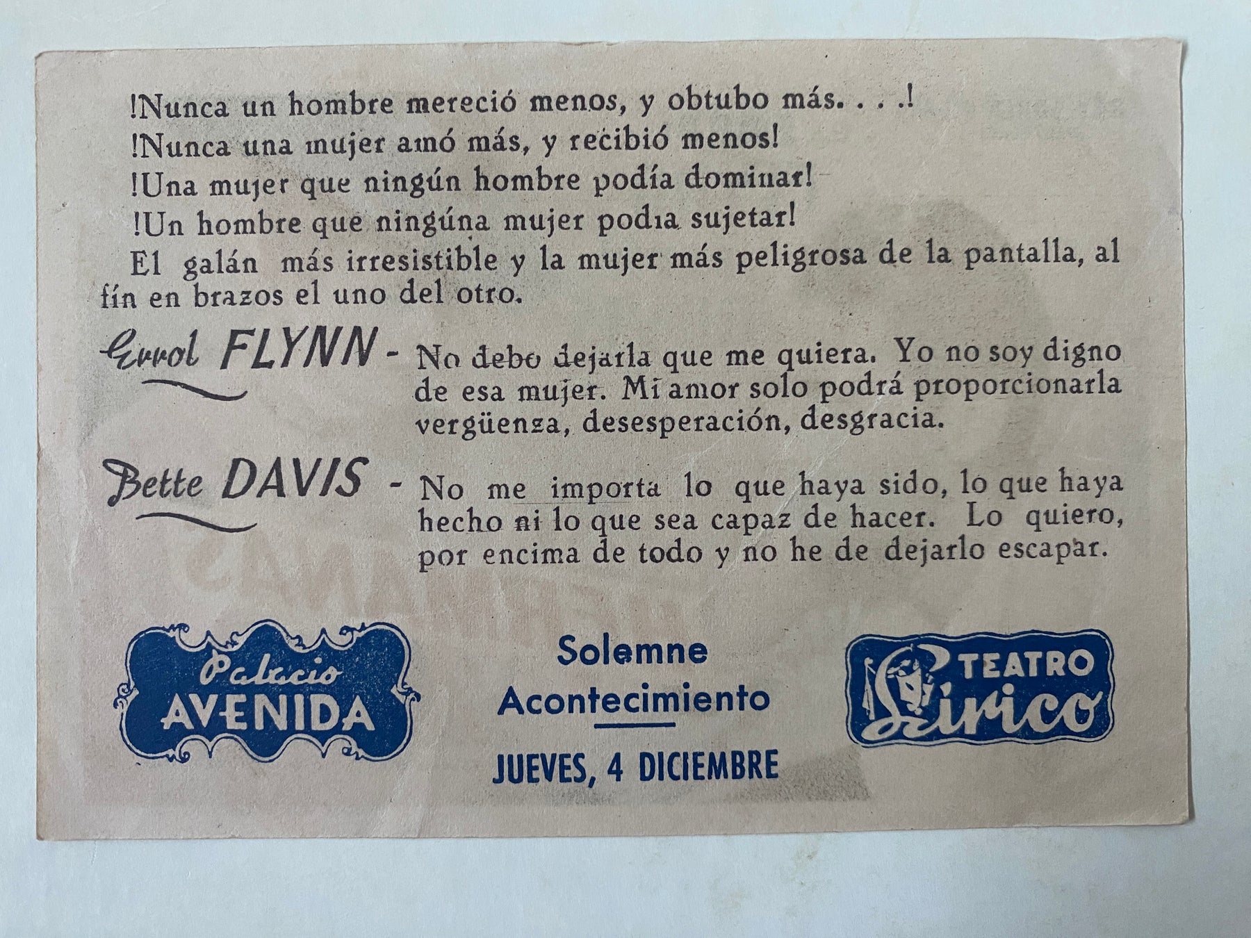 Programme Espagnol NUITS DE BAL Sisters ERROL FLYNN Bette Davis