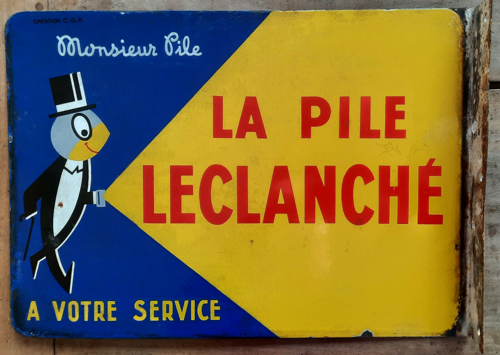 古い両面ホーロー額 LA PILE LECLANCHE 38x54cm EAS
