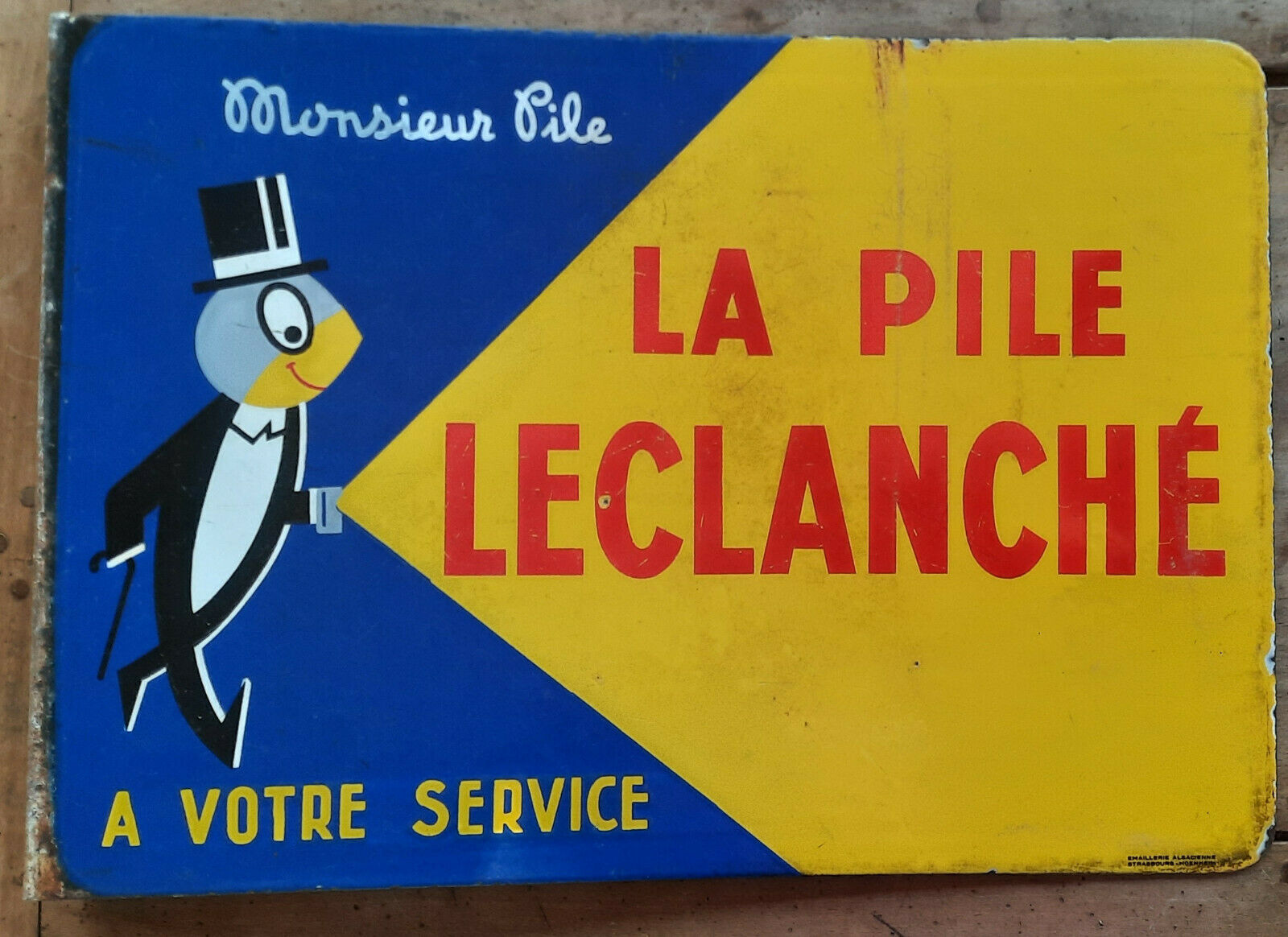 古い両面ホーロー額 LA PILE LECLANCHE 38x54cm EAS
